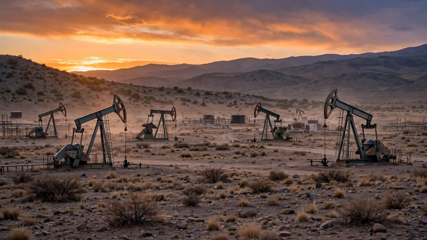 Balancines petroleros en Rincón de los Sauces, Neuquén, al atardecer