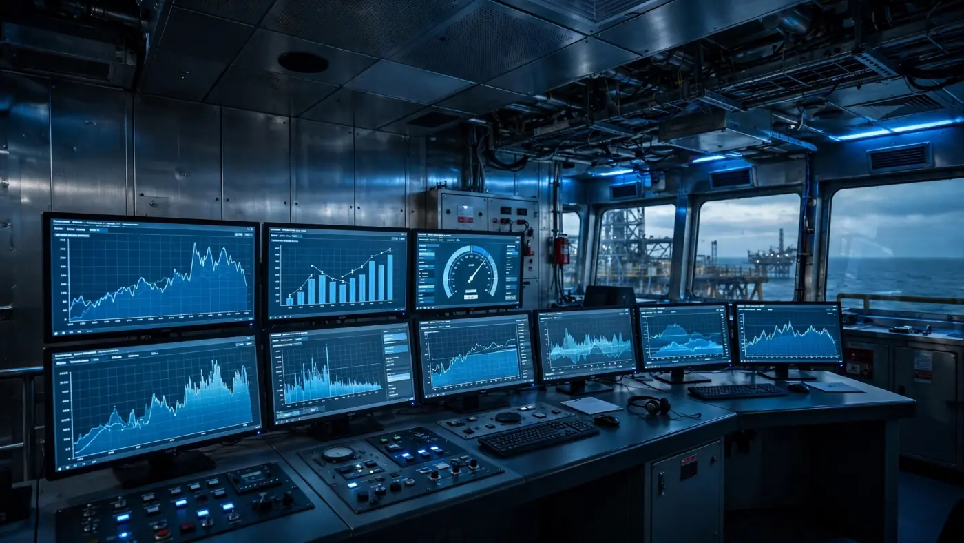 Sala de control industrial con pantallas mostrando datos de flujo de petróleo