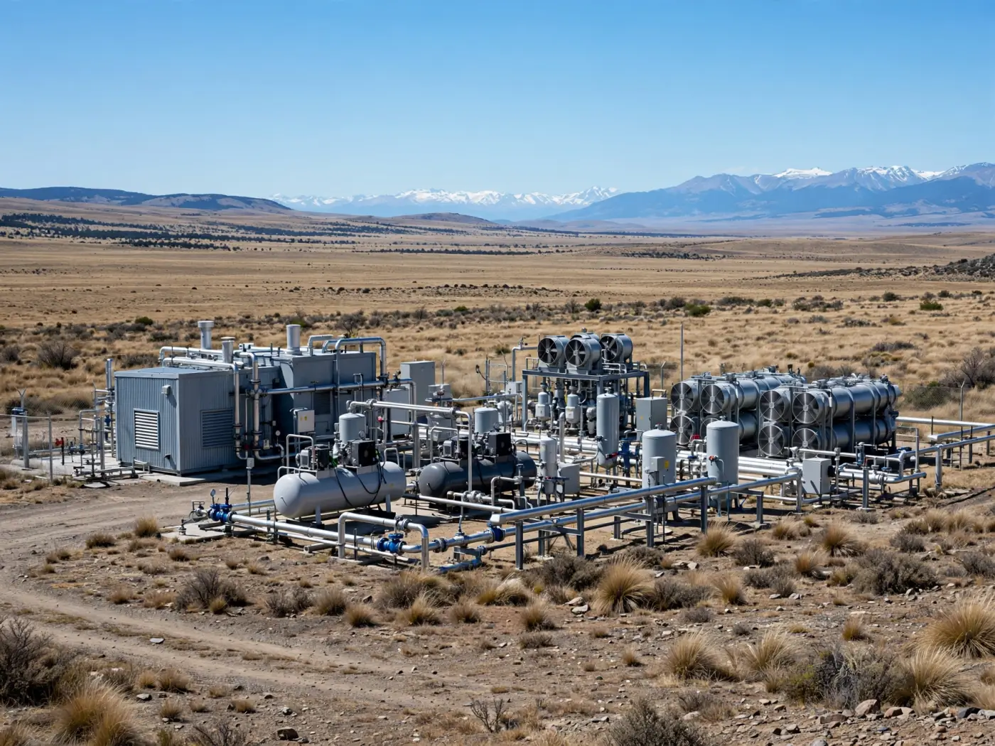 Estación compresora de gas con cielo azul y estepa patagónica