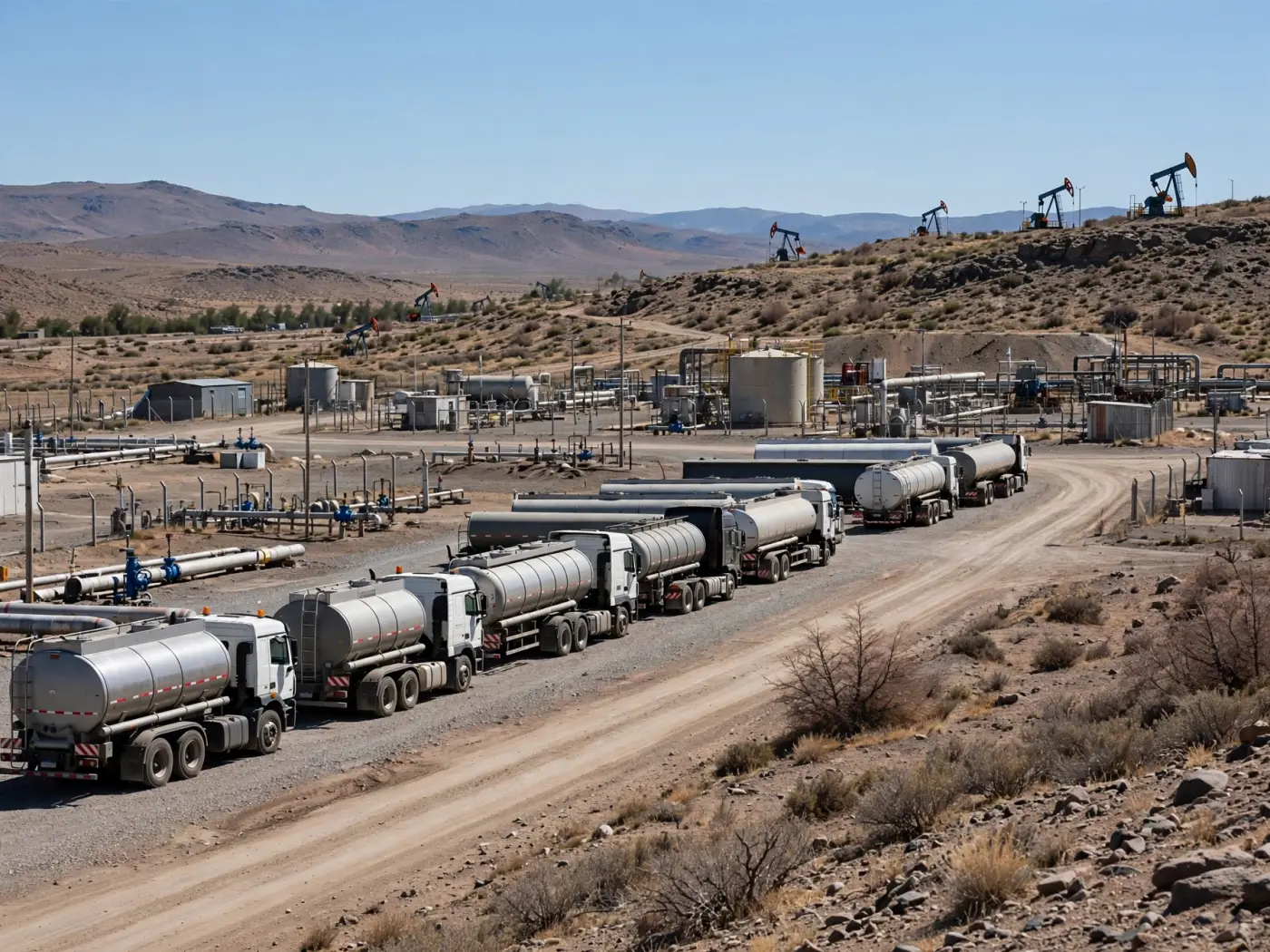 Camiones cisterna alineados en una instalación petrolera en Neuquén